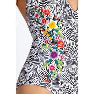 Johnny Was Zebra Floral Embroidered Halter One Piece Swimsuit Small NWT